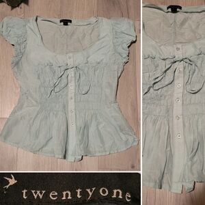 Forever 21 Sage Green Blue Milkmaid Peplum Button-down Cap Sleeve Top, Juniors L